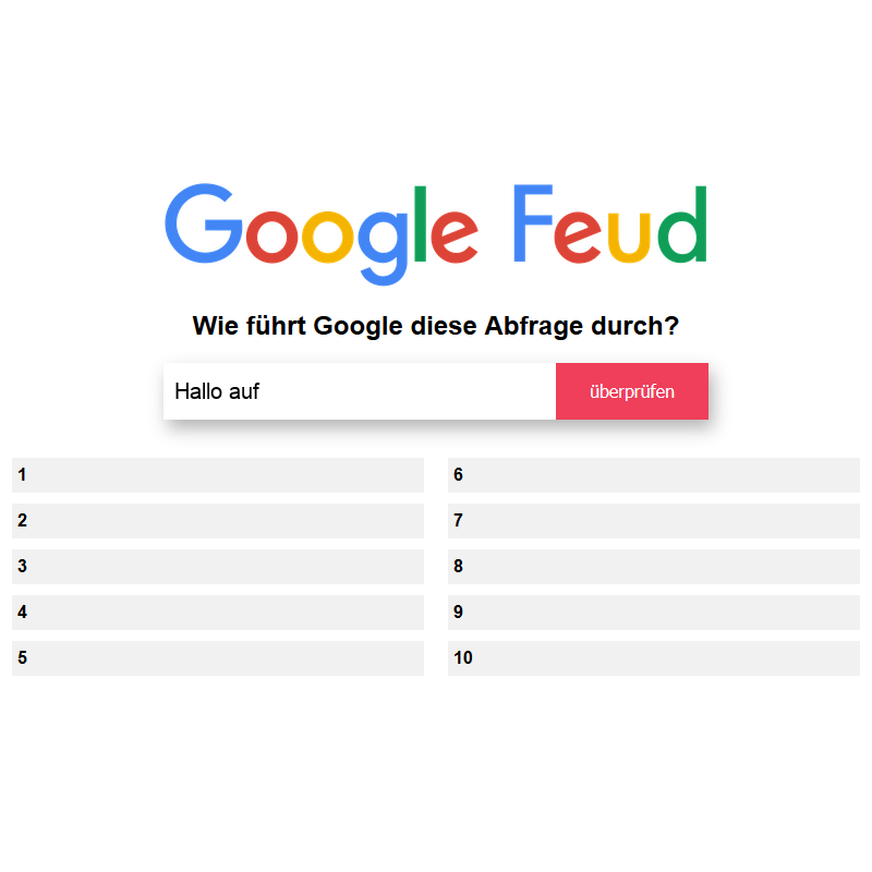 Hallo auf... - Google Feud auf Deutsch